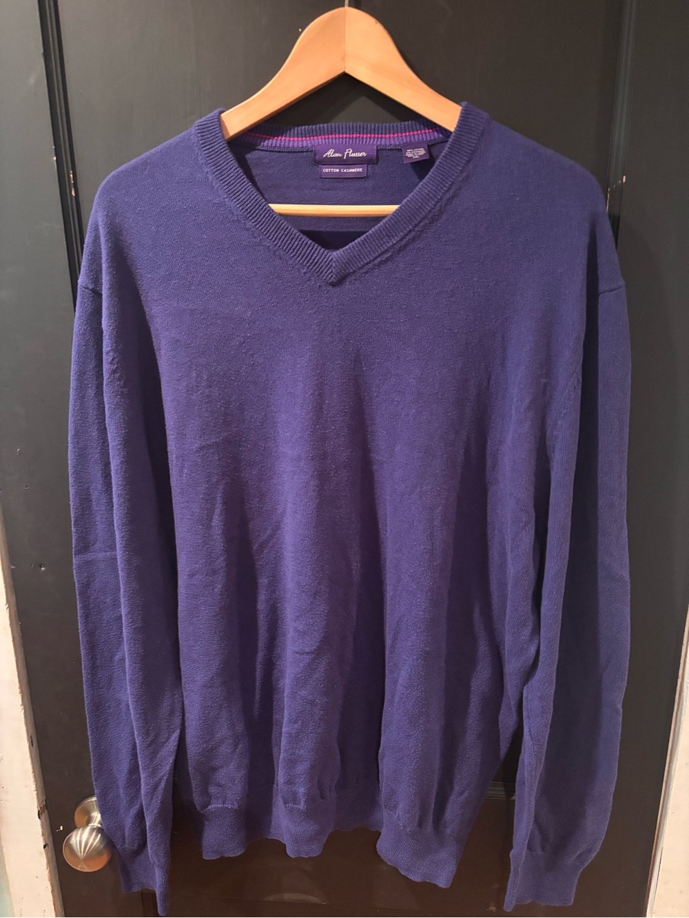 Alan Flusser Cotton Cashmere V-Neck Sweater Navy Blue XL Luxury Knit